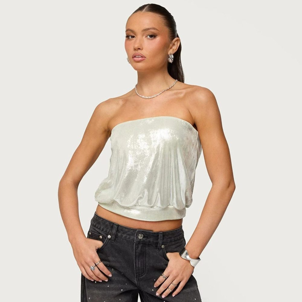 Zara Fall Winter Solid Color Gold Foil Waist Cinched Tube Top